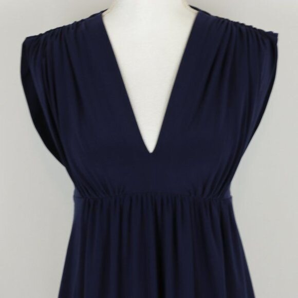 Norma Kamali Women's Small Navy V-Neck Ruched Empire Waist Knit Mini Dress - Picture 2 of 7